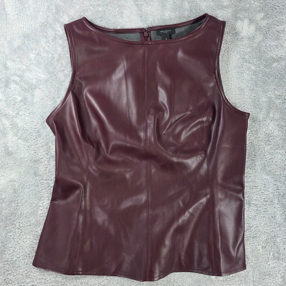 Ann Taylor Factory Faux Leather Sleeveless Shell Top Burgundy Plum Size Med Edgy
